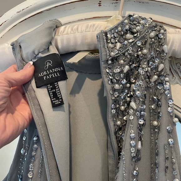 Adrianna Papell Beaded Halter Gown with Mock Neckline in Blue Mist (Size 4P)